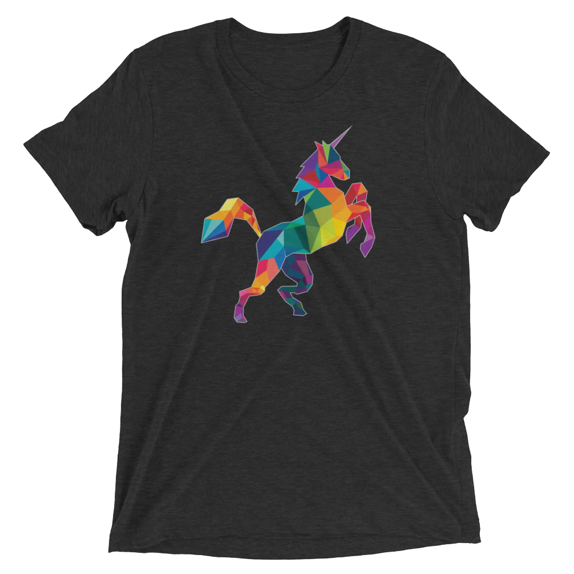 Black short-sleeved t-shirt featuring a vibrant geometrically stylized polygon unicorn in rainbow hues