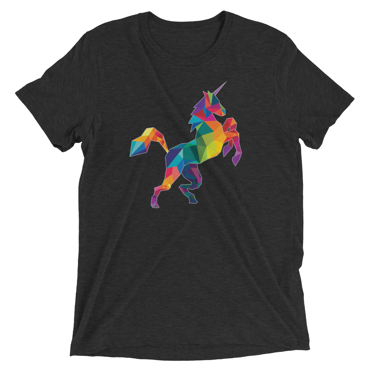 Black short-sleeved t-shirt featuring a vibrant geometrically stylized polygon unicorn in rainbow hues