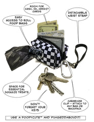 Black and white checkered poopy cute doggy waste bag holder with detachable wrist strap and carabiner clip