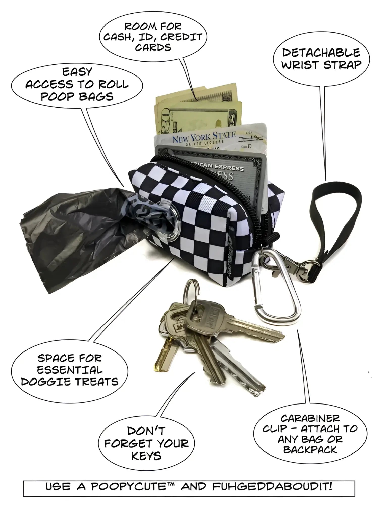 Black and white checkered poopy cute doggy waste bag holder with detachable wrist strap and carabiner clip