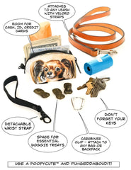 A compact doggy waste bag holder pouch featuring a long-eared chihuahua portrait for convenient pet use