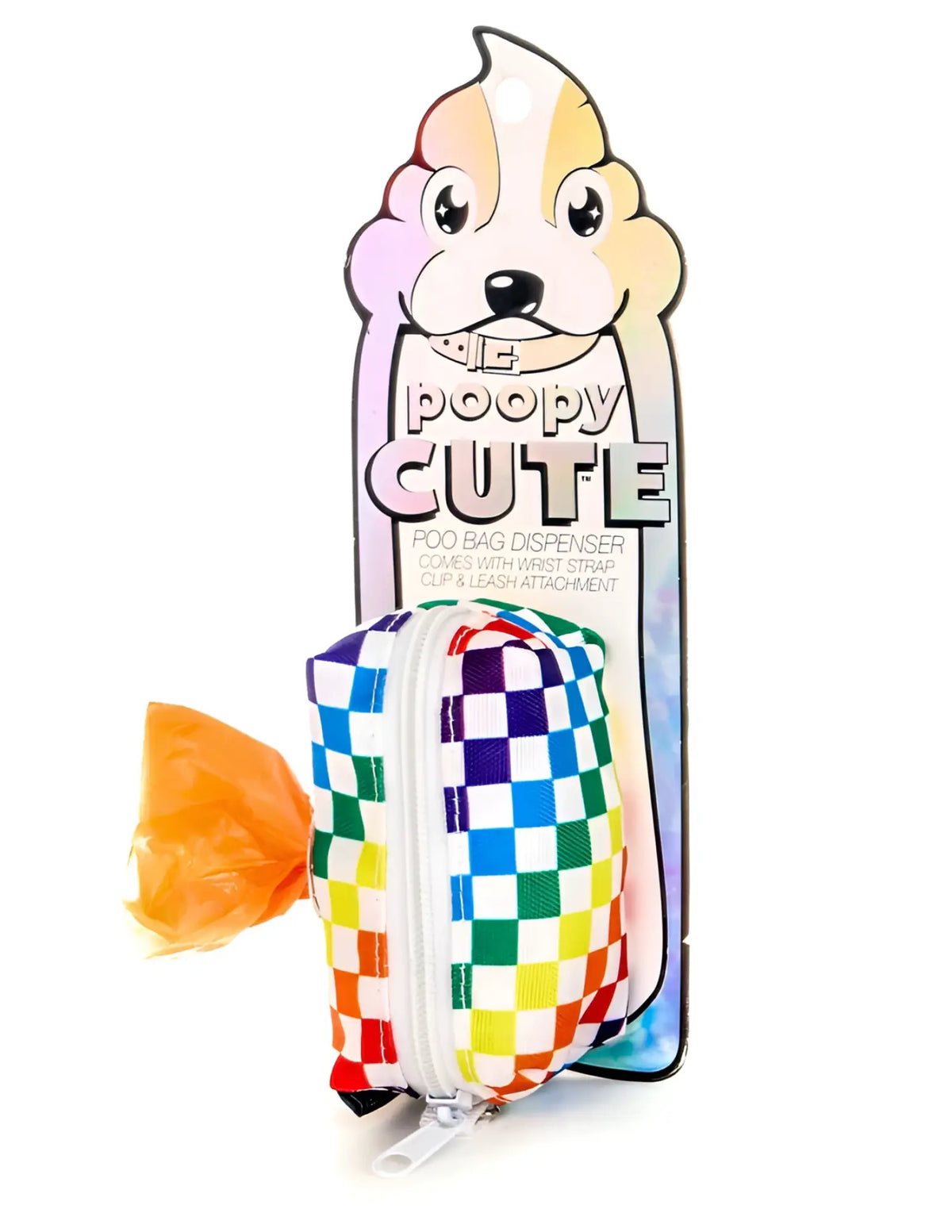 Poopy cute doggy waste bag holder with rainbow checkered design wrist strap and leash attachment for dog walks