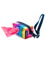 Poopy Cute doggy waste bag holder glossy rainbow-colored plastic with black wrist strap and zipper for pet waste disposal
