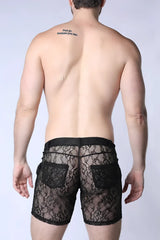 Black lace shorts positan with intricate floral patterns and solid black fabric accents at waistband and pockets