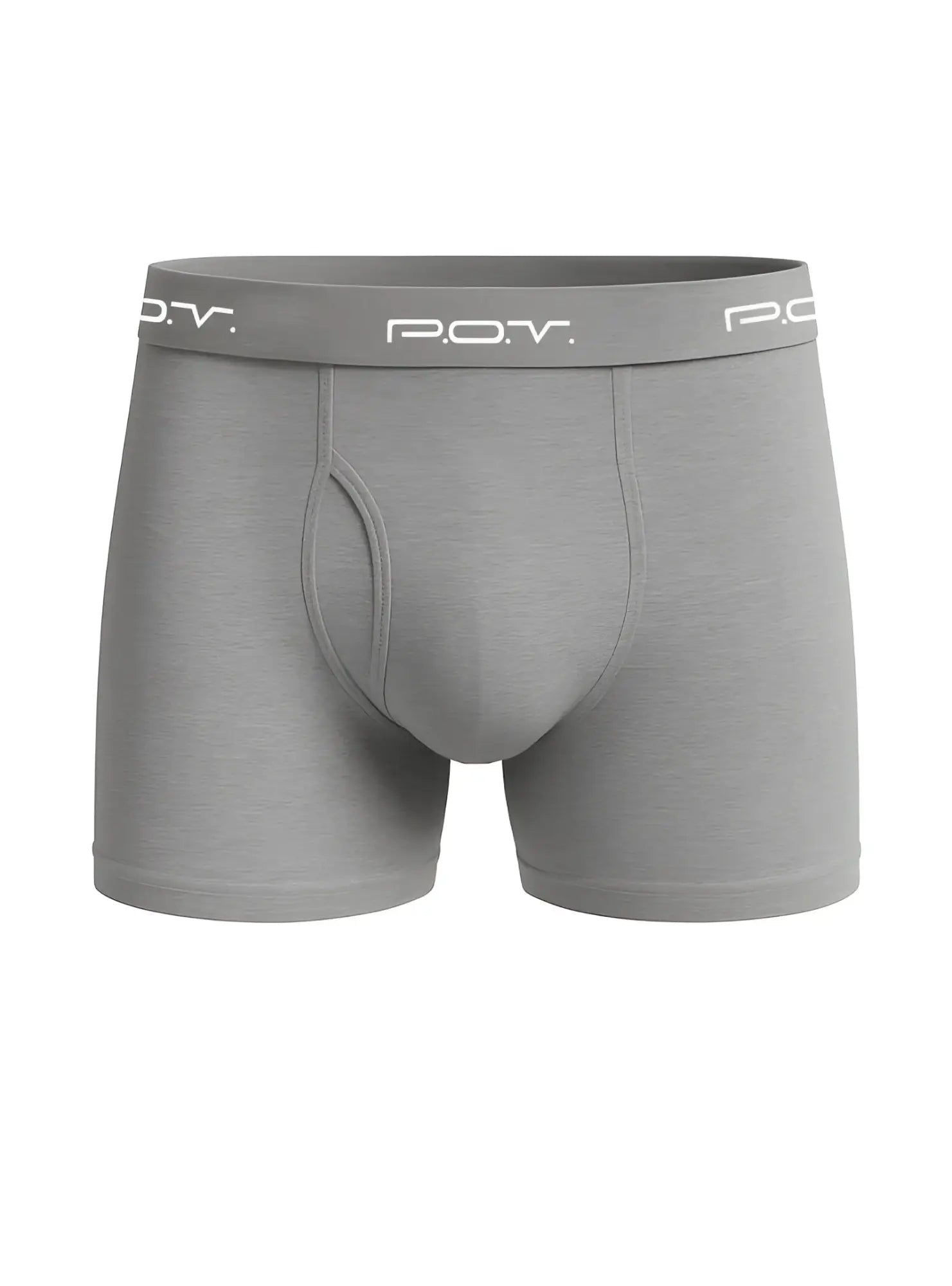Gray pov flyfront cotton boxer showing front view with breathable soft fabric for everyday comfort