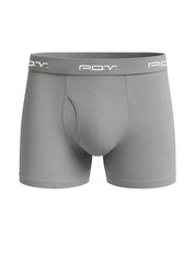 Gray pov flyfront cotton boxer showing front view with breathable soft fabric for everyday comfort