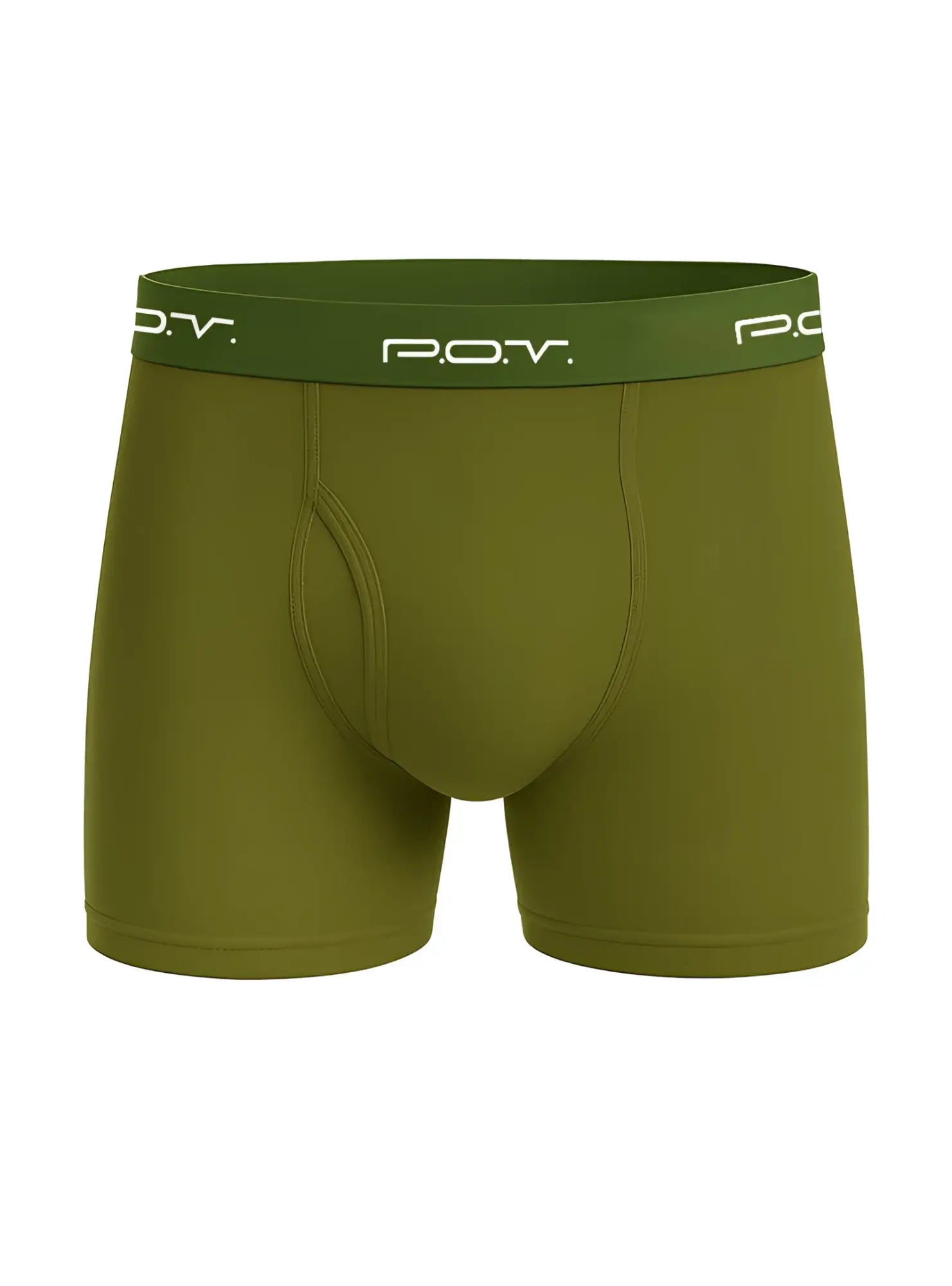 Olive green pov flyfront cotton boxer showcasing a front view with cotton fabric and a flyfront design