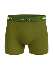 Olive green pov flyfront cotton boxer showcasing a front view with cotton fabric and a flyfront design