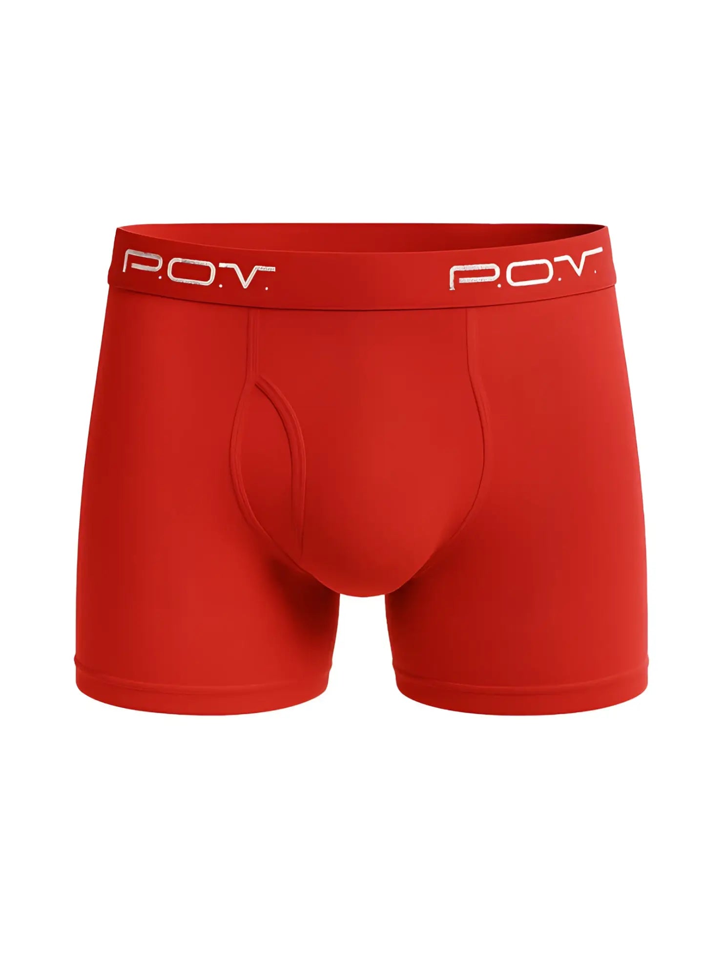 Red men’s cotton boxer briefs with flyfront and white pov logo on waistband for everyday comfort