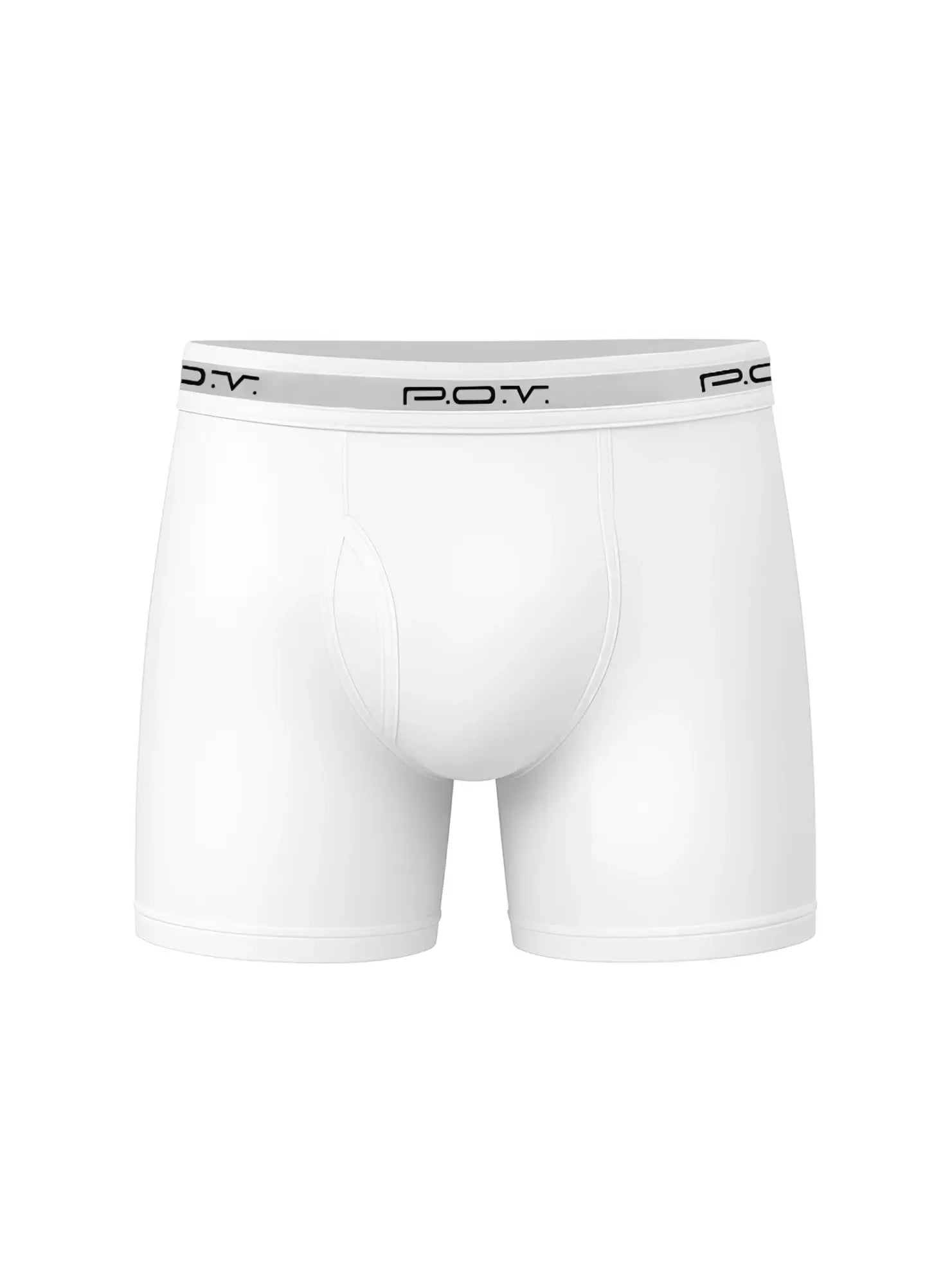 White pov flyfront cotton boxer showing front view with breathable soft cotton fabric for everyday comfort