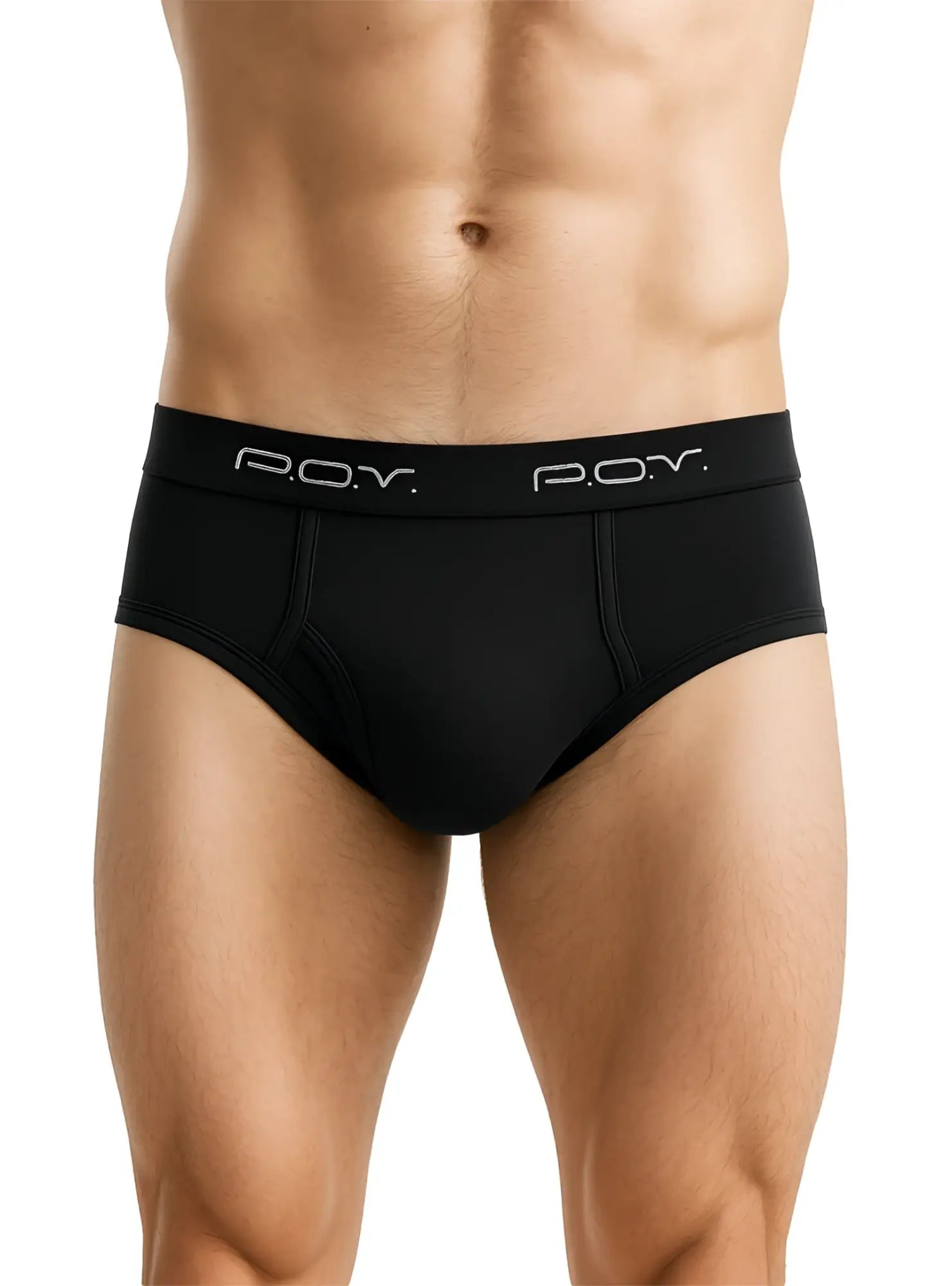 Black mens POV flyfront cotton briefs with sleek form-fitting design and subtle p.o.y. branding on waistband