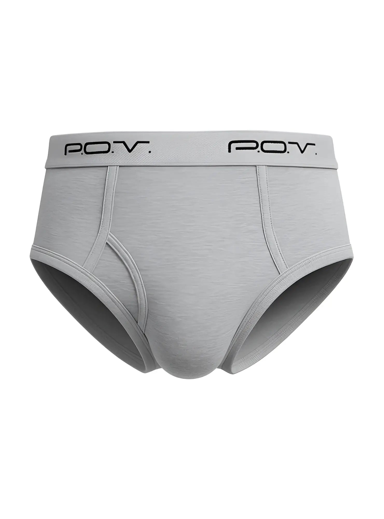 Gray men’s cotton POV flyfront briefs with soft textured fabric and black logo on the elastic waistband