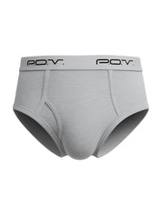 Gray men’s cotton POV flyfront briefs with soft textured fabric and black logo on the elastic waistband