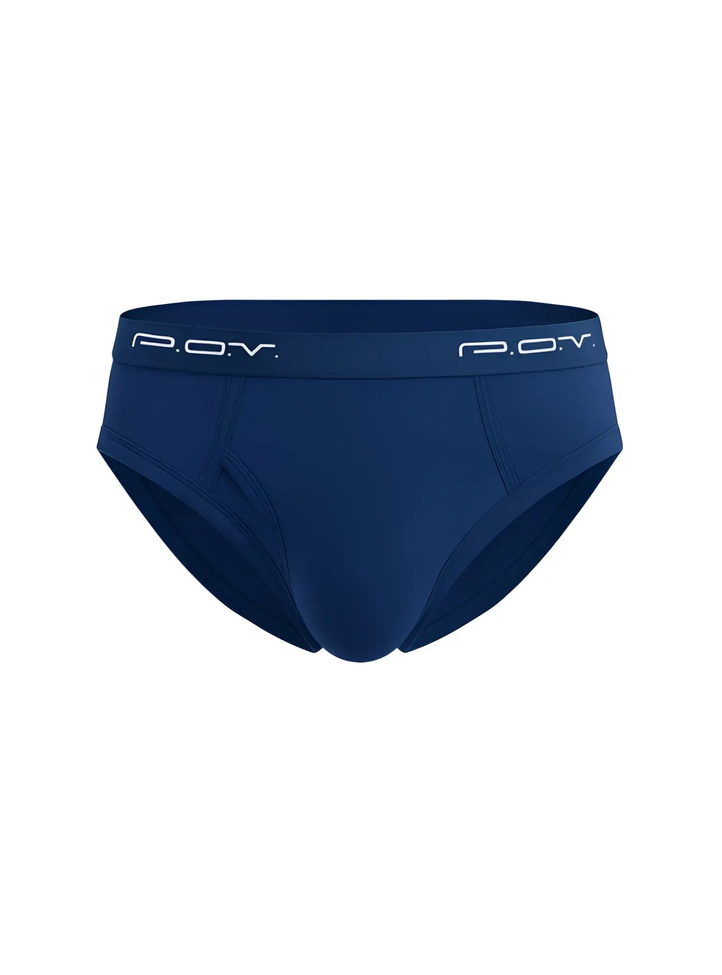 Navy blue pov flyfront cotton brief showing a close-up p.o.v. view highlighting fabric texture and design