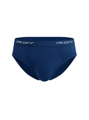 Navy blue pov flyfront cotton brief showing a close-up p.o.v. view highlighting fabric texture and design