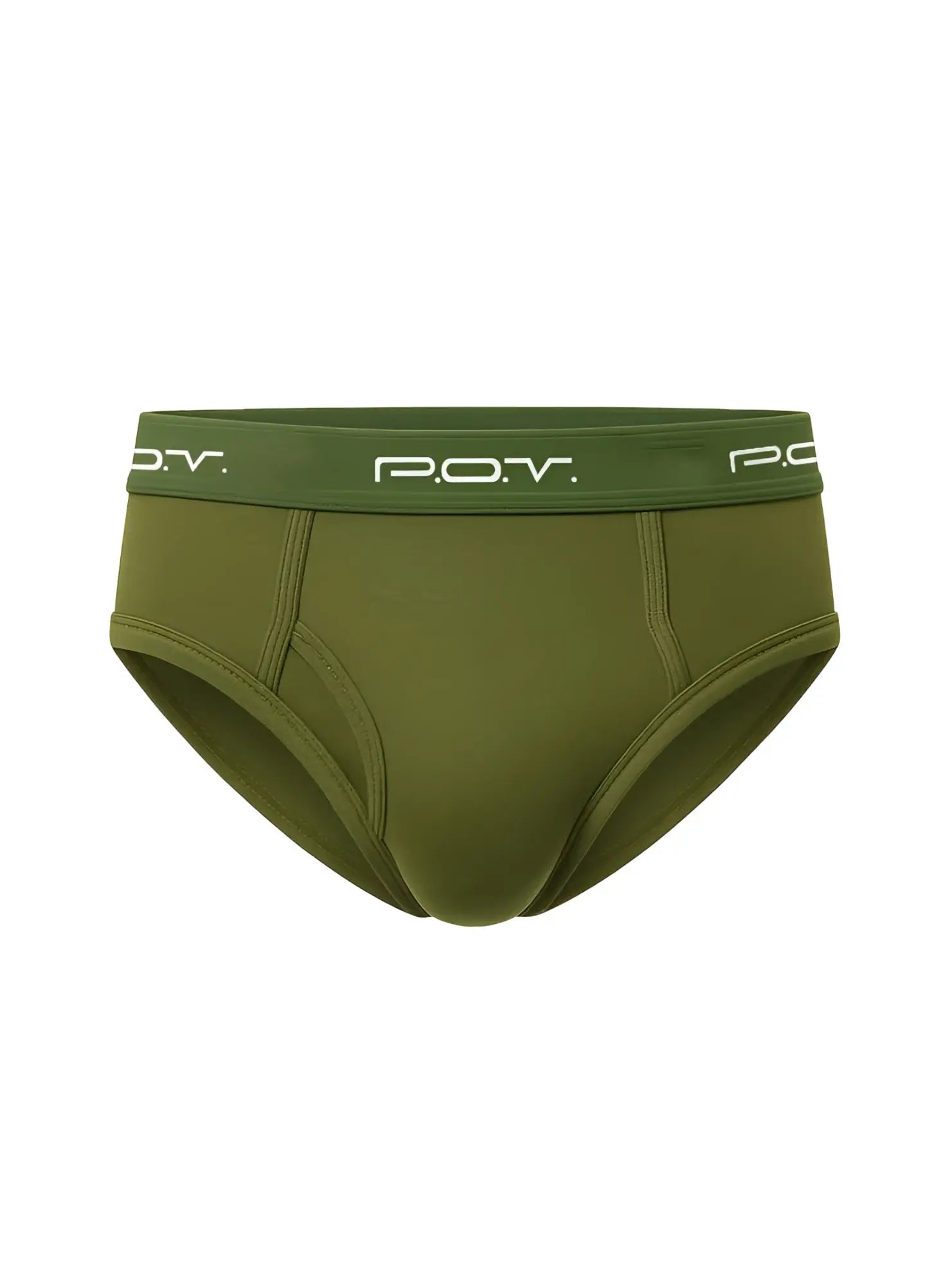 Olive green pov flyfront cotton brief showing the back side highlighting comfortable fit and breathable fabric