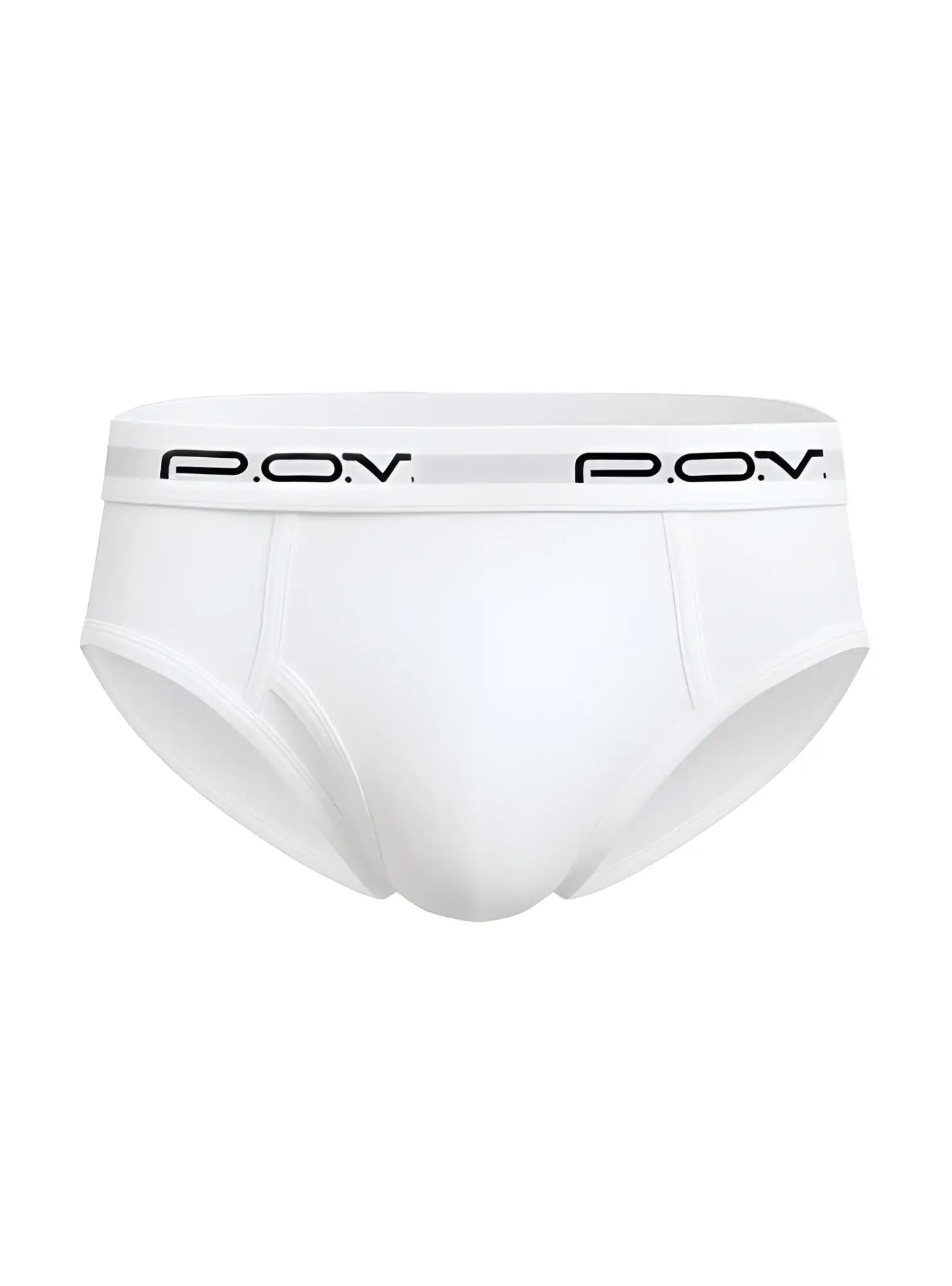 White men’s cotton briefs with ribbed texture and black p.o.v. branding on the waistband flyfront design