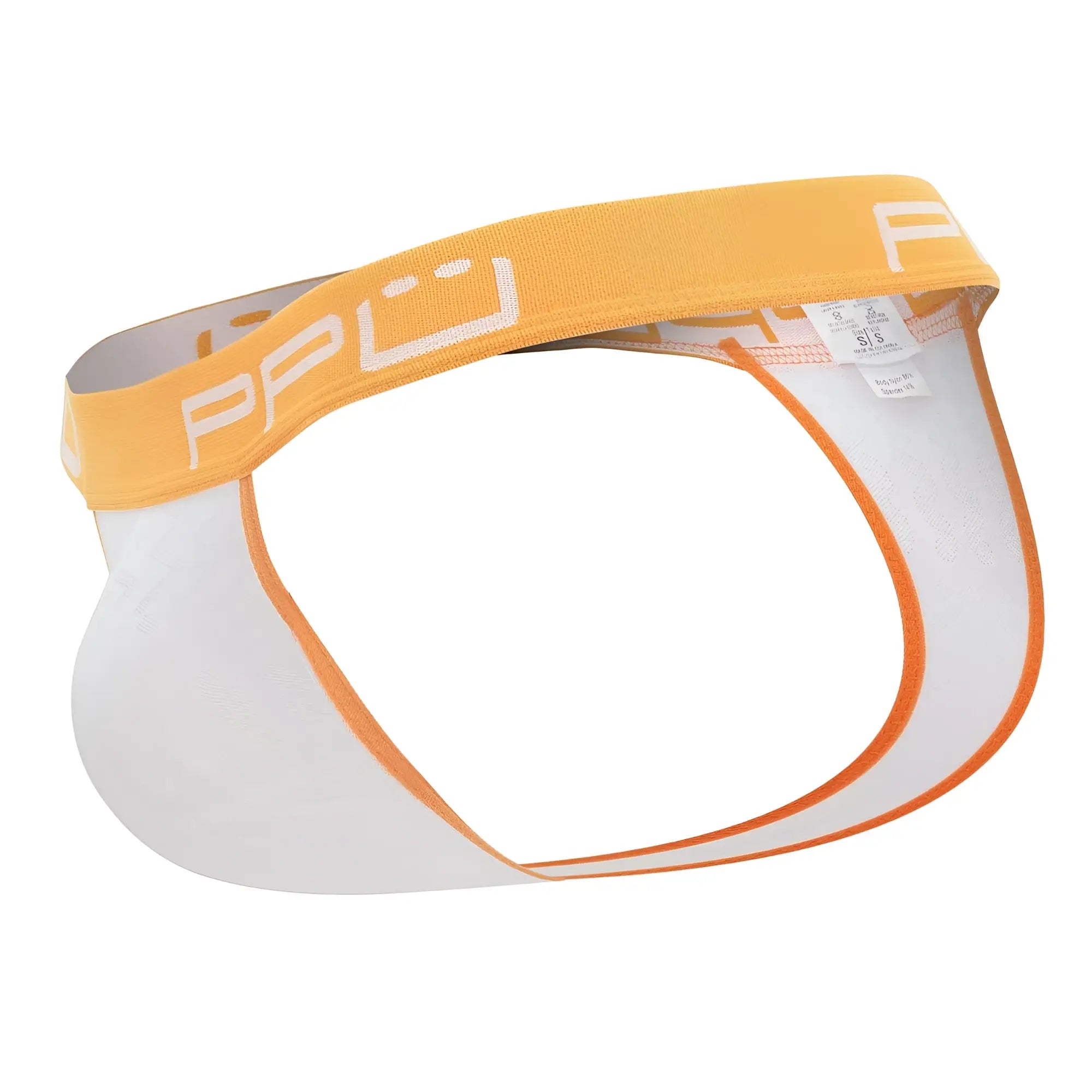 White and orange PPU 2301 bulge thongs with a bold yellow waistband featuring the ppu logo in white lettering