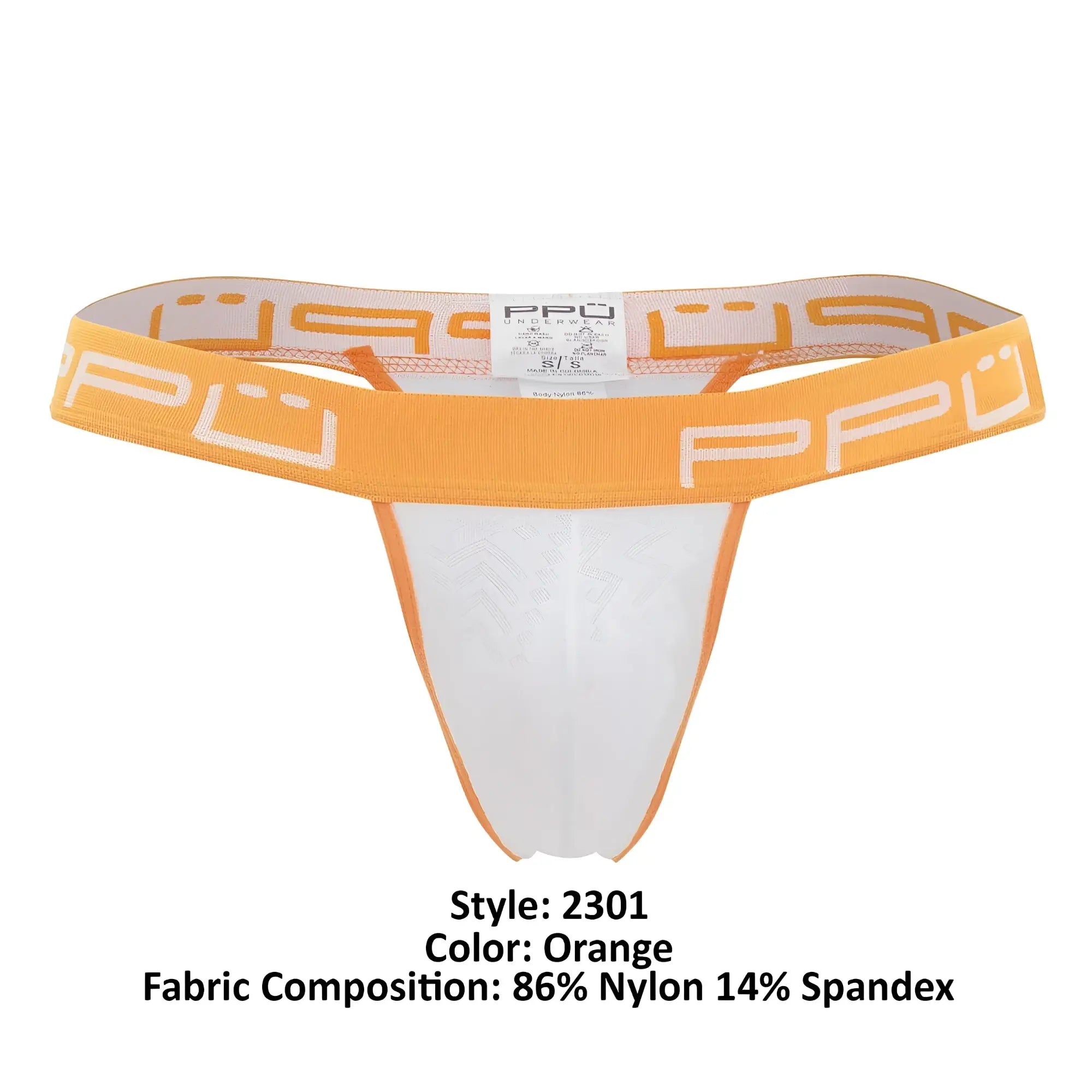 Orange and white ppu 2301 bulge thong with stretchy form-fitting design made from 86 nylon 14 spandex