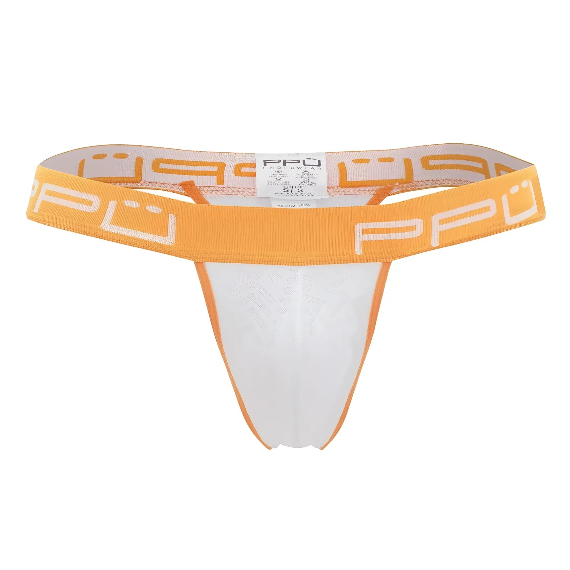 White and orange bulge thong with branded waistband showing front side in color orange PPU 2301