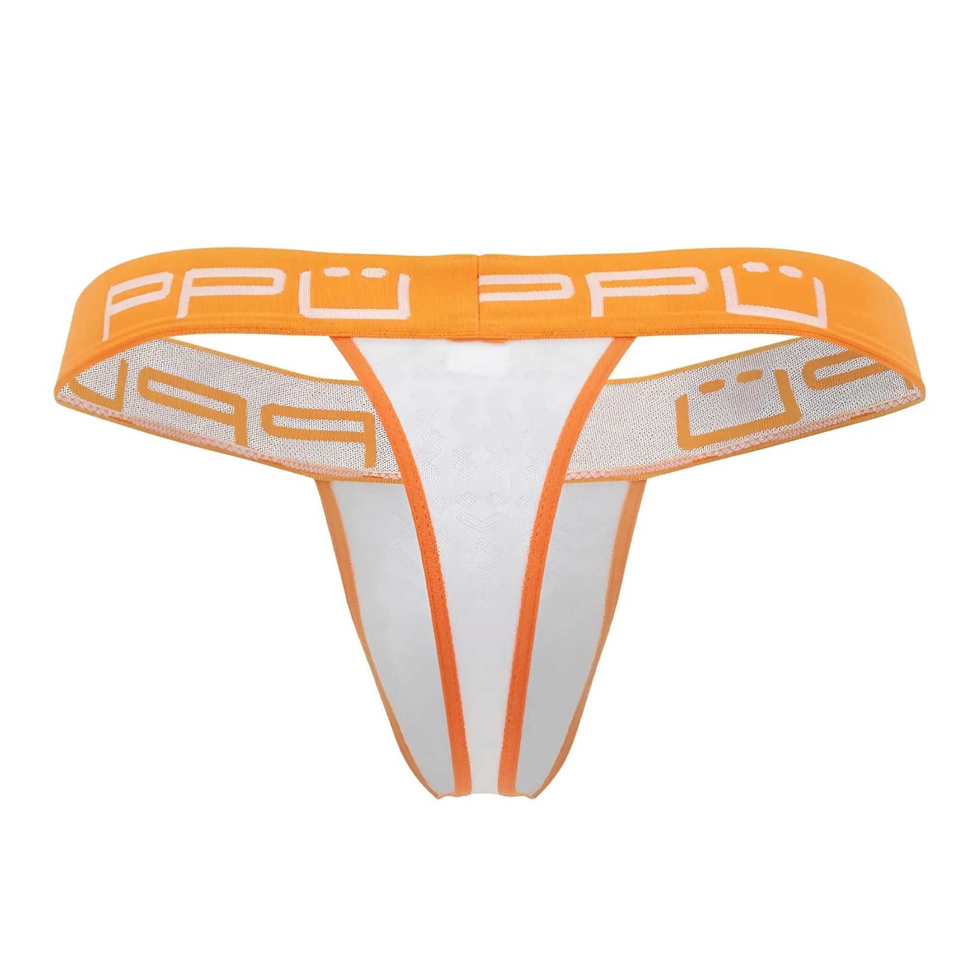 White and orange ppu 2301 bulge thong with mesh waistband and white ppu logo lettering in front view