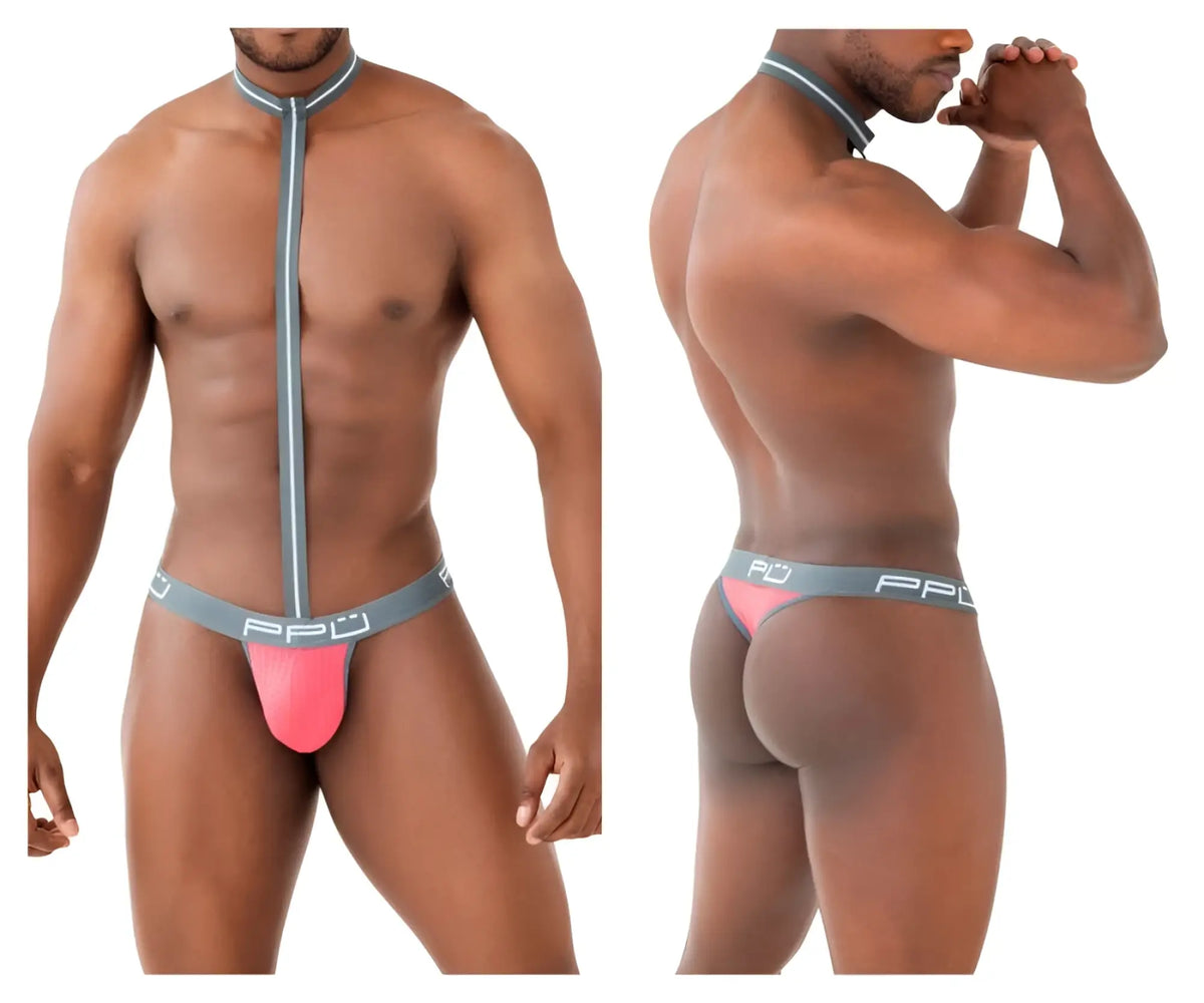 Pink and gray pfd branded men’s coral harness thong with central front zipper for activewear and swim use