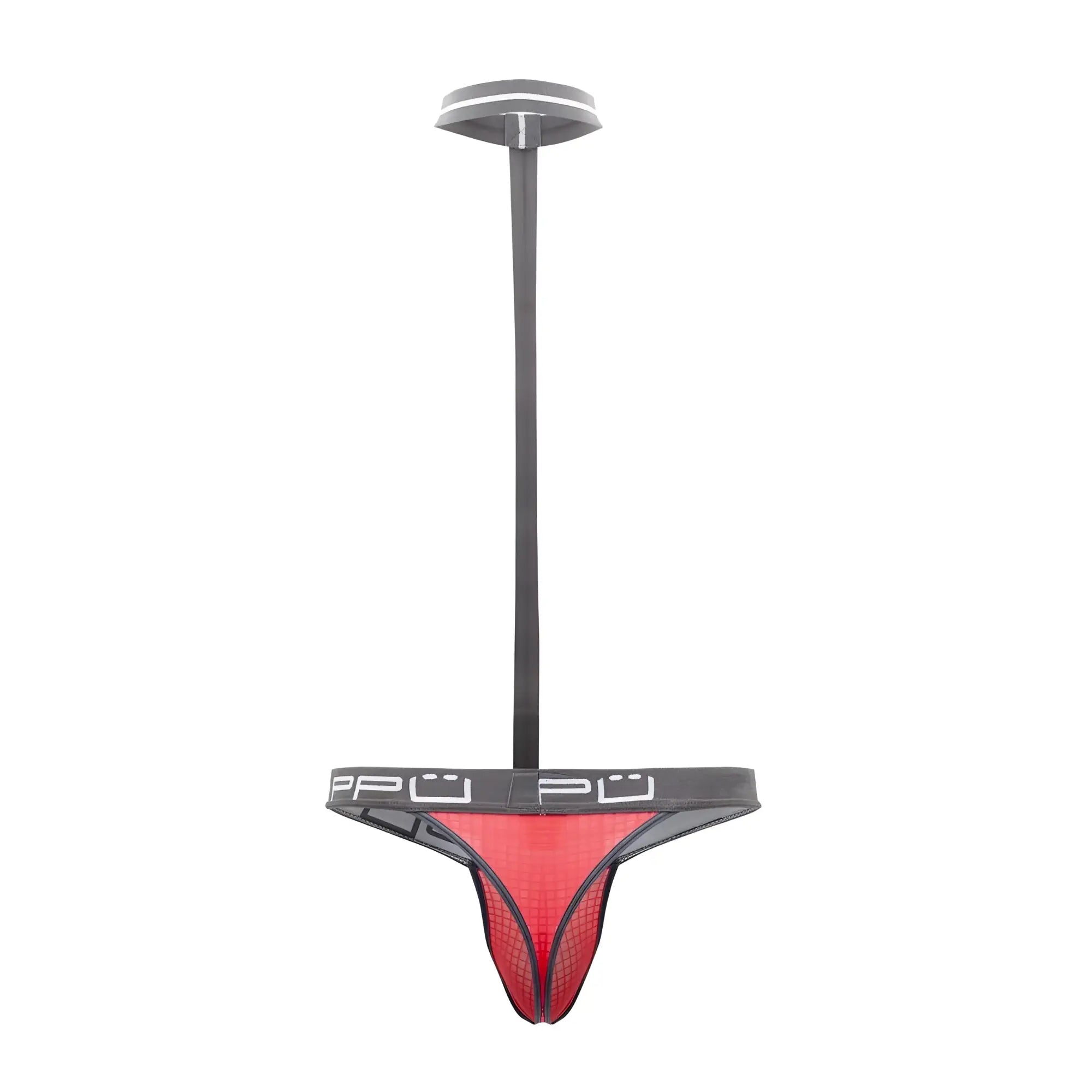 Coral red mesh thong with gray waistband featuring white ppu branding from ppu 2302 harness thongs collection