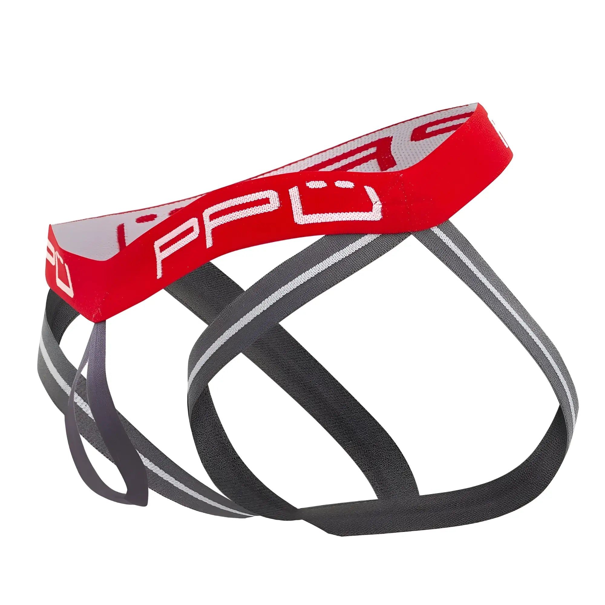 Red and gray ball lifter jockstrap with bold ppc logo on waistband designed for athletic support