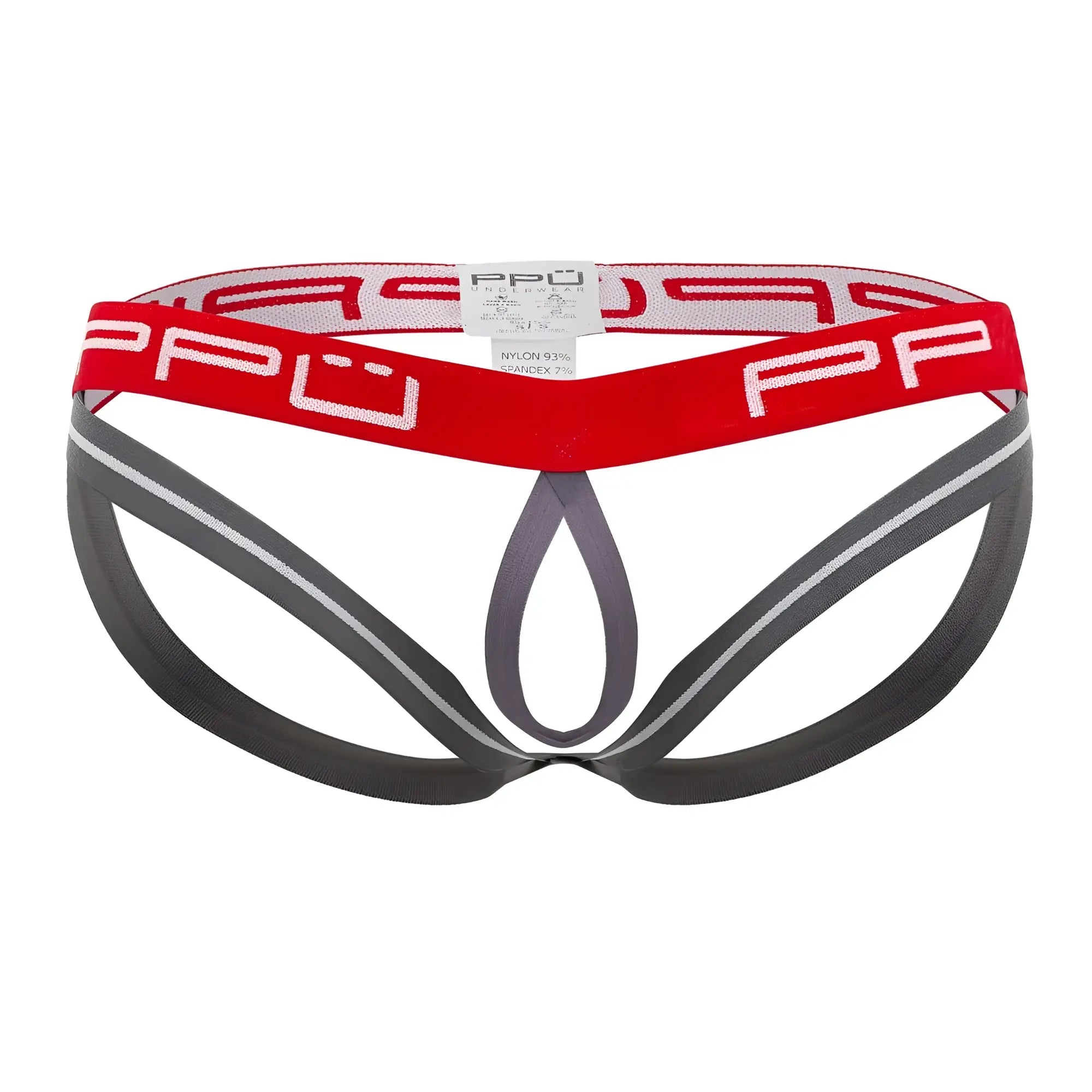 Ppu 2304 ball lifter jockstrap in red with gray briefs and bold red waistband featuring white ppu lettering