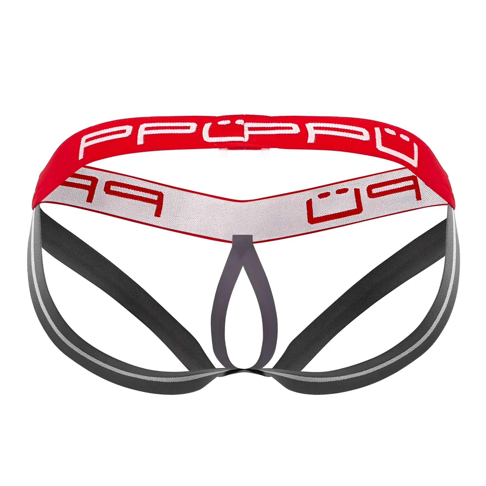 Red and gray ppu 2304 ball lifter jockstrap with bold stylized logo on waistband for men