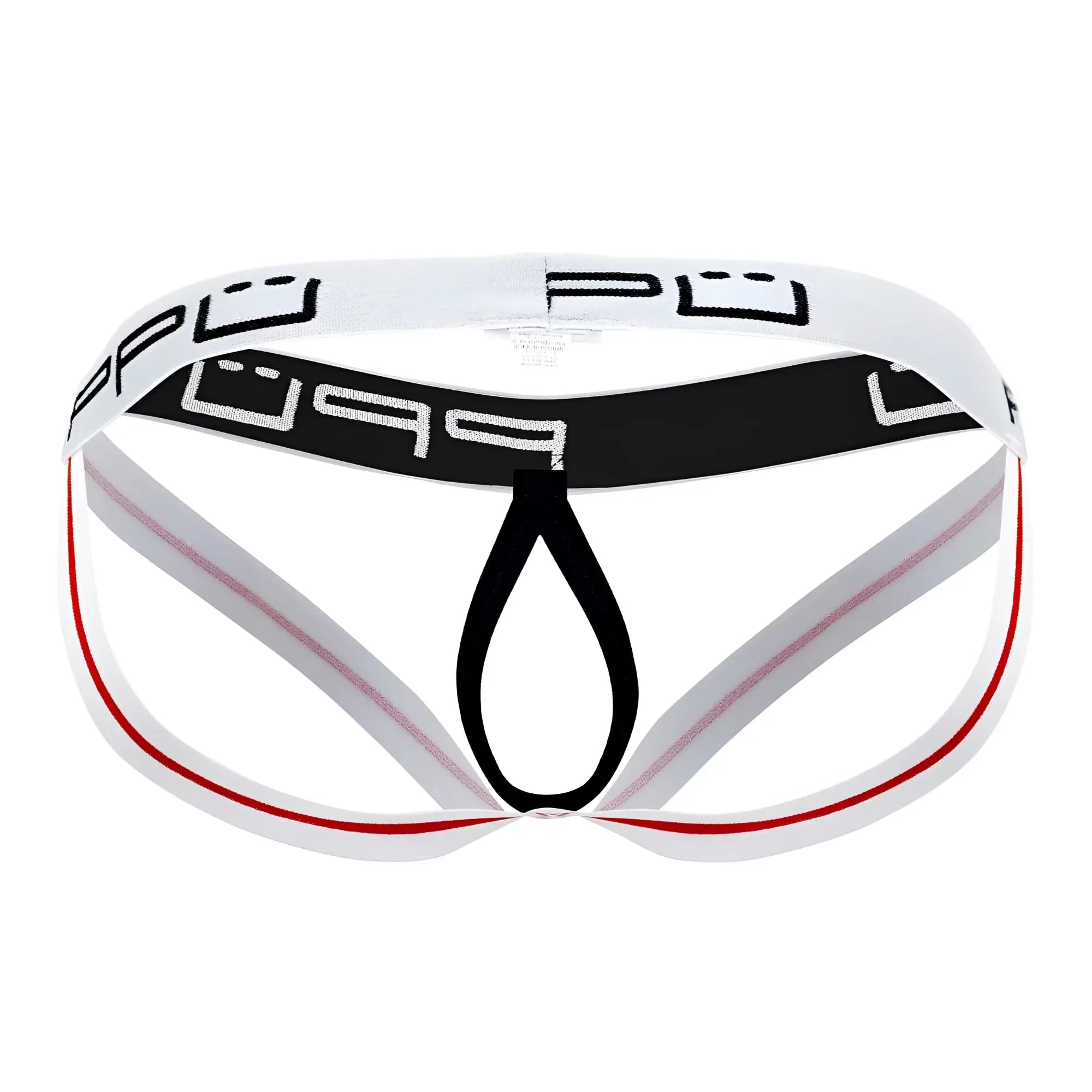 White and black athletic-style briefs with red trim and bold pup logo on waistband ppu 2304 ball lifter jockstrap white