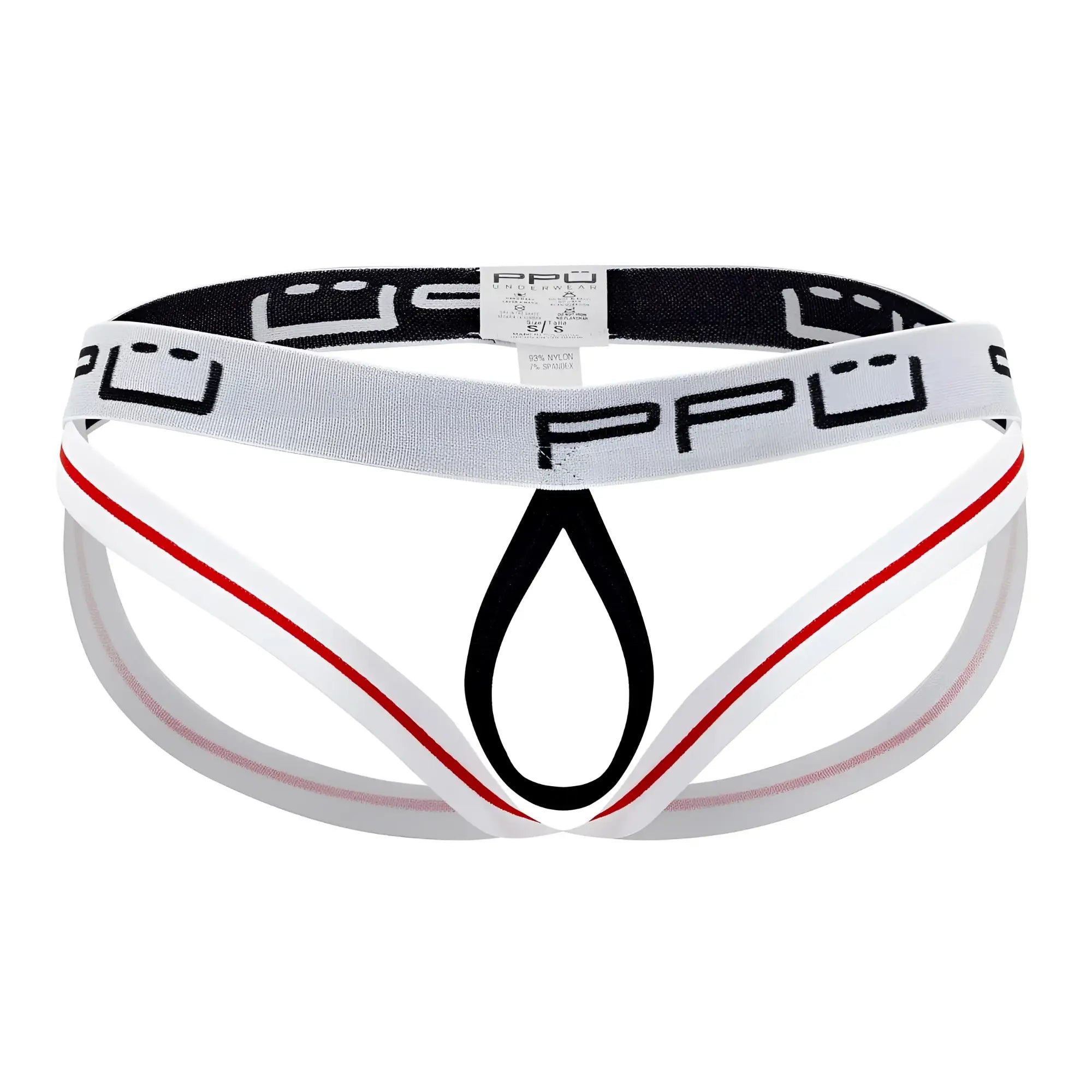 Ppu 2304 ball lifter jockstrap in white with black and red trim designed for support and comfort
