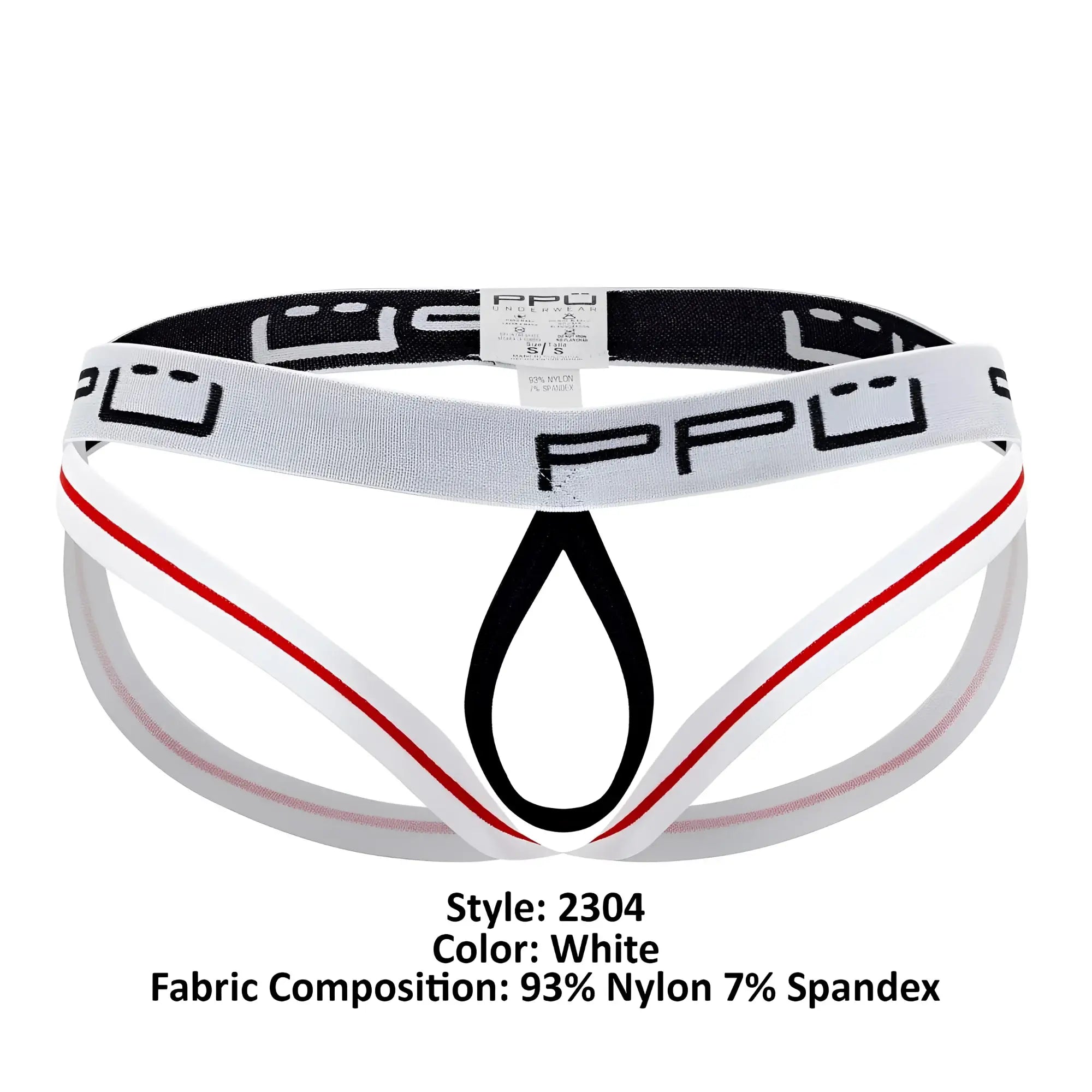 White PPU 2304 ball lifter jockstrap briefs with black and red trim and a teardrop-shaped front cutout