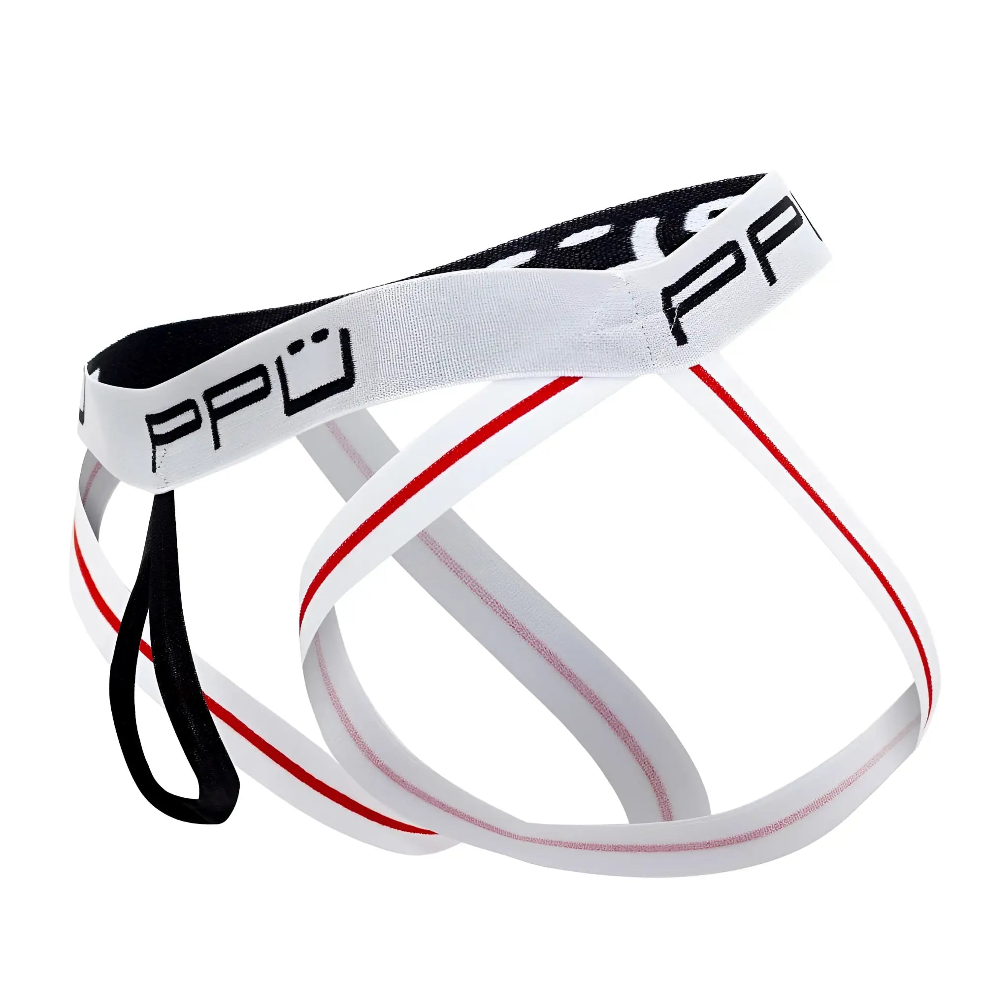 White and red striped PPU 2304 ball lifter jockstrap with black elastic ppu branded athletic supporter