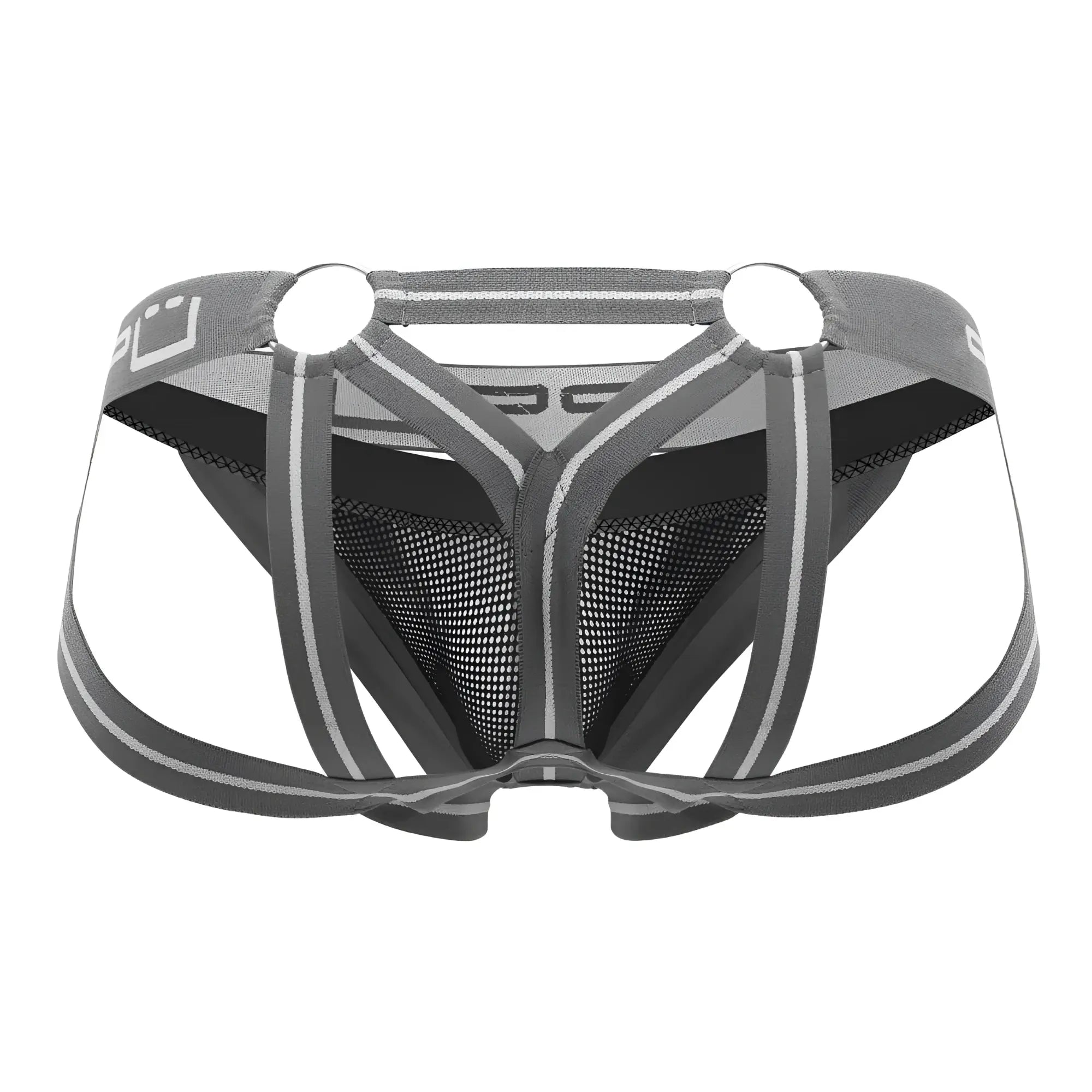 Ppu 2305 mesh jockstrap in gray featuring gray and black mesh briefs with reflective stripes and strappy support design
