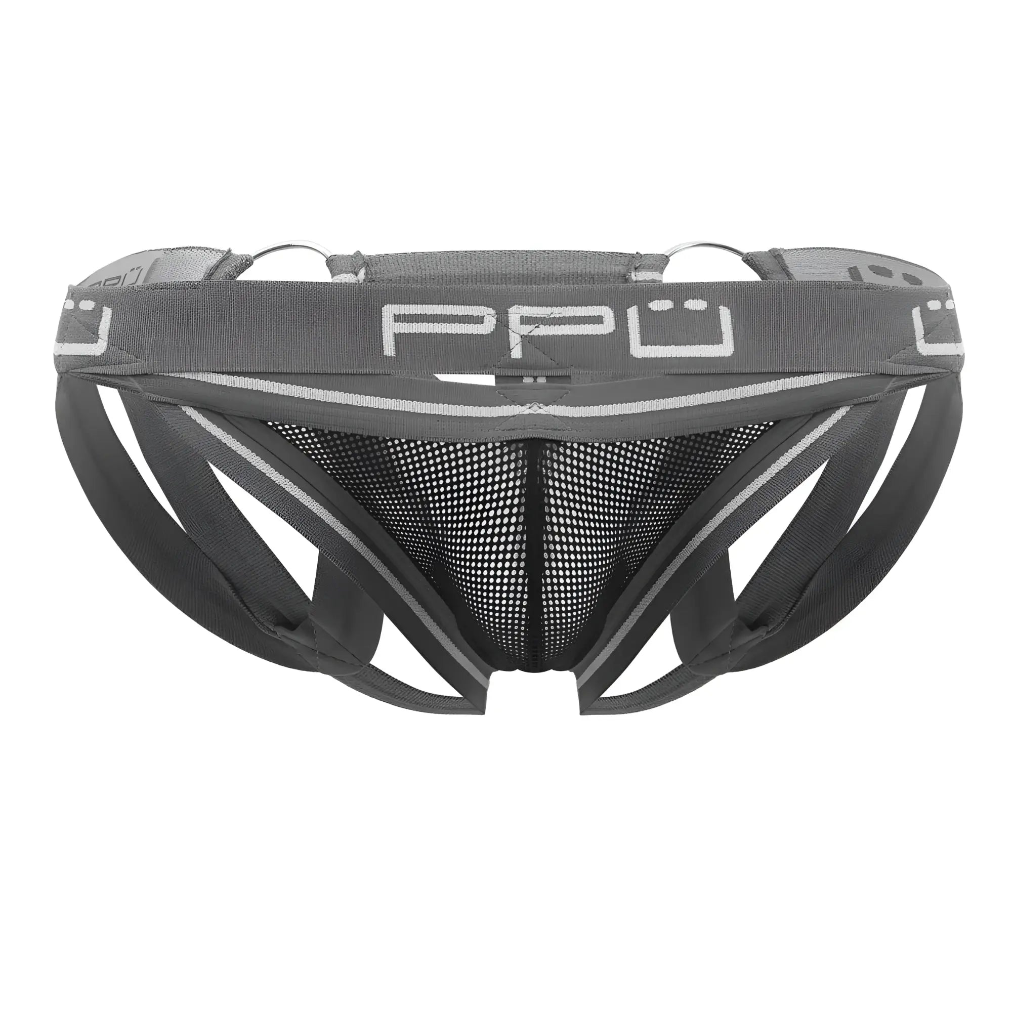 Gray ppu 2305 mesh jockstrap with supportive structured design and silver trim accents for men