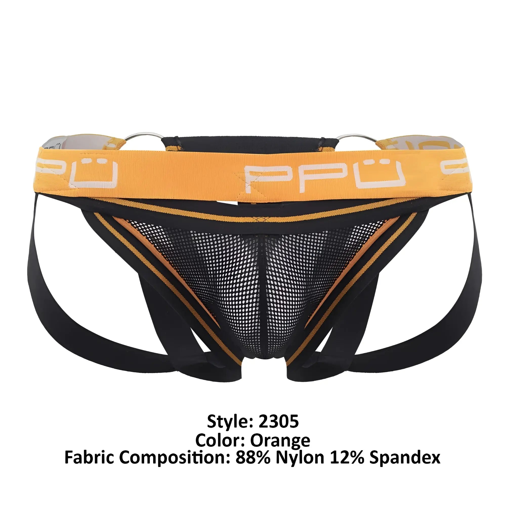 Ppu 2305 mesh jockstrap in orange mesh with black straps and yellow waistband featuring ppu logo front view