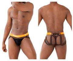 Ppu 2305 mesh jockstrap in orange featuring black and orange mesh briefs with a bold strappy design
