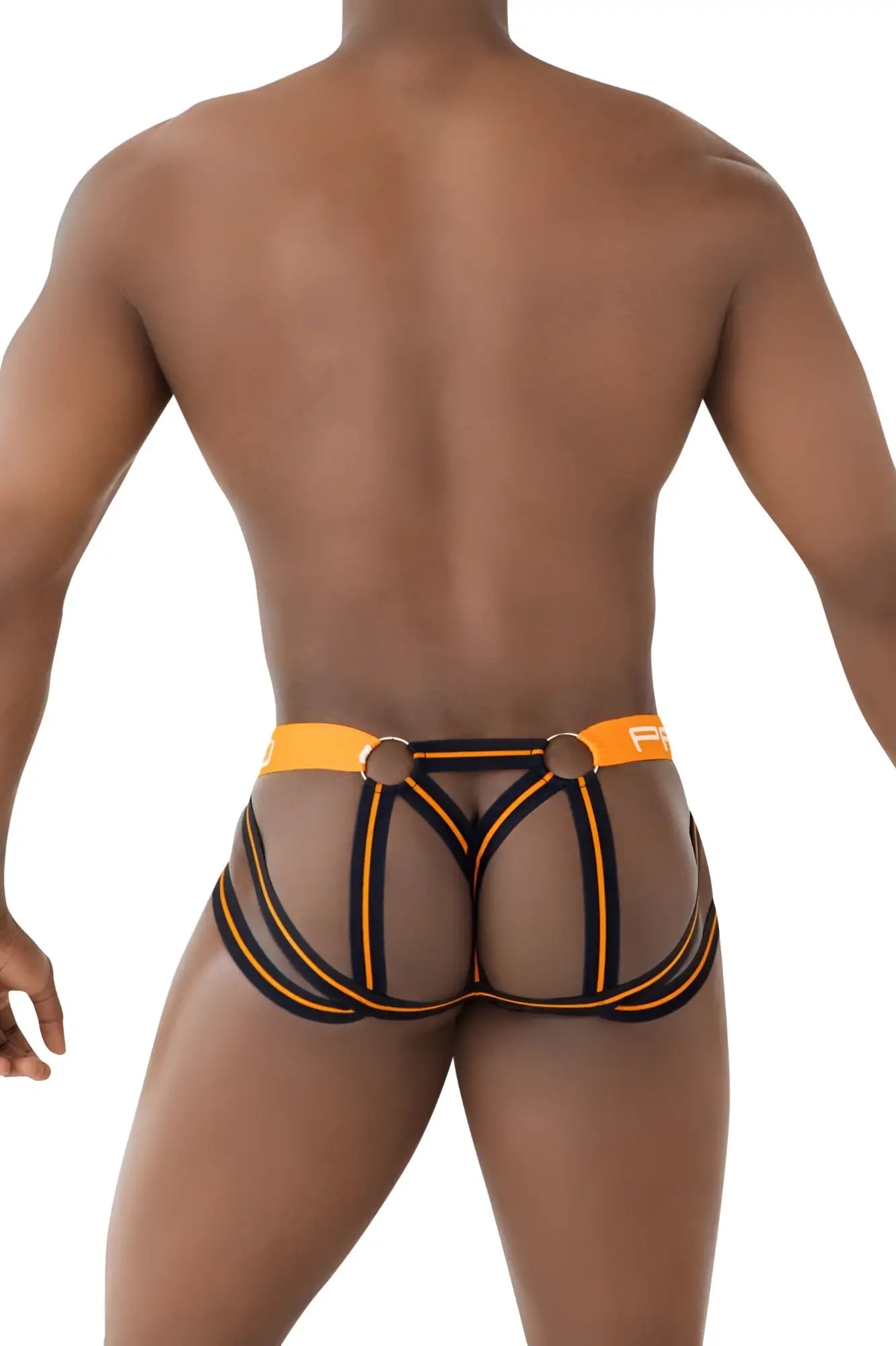 Ppu 2305 mesh jockstrap in orange featuring black mesh briefs with a bold strappy design