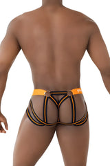 Ppu 2305 mesh jockstrap in orange featuring black mesh briefs with a bold strappy design