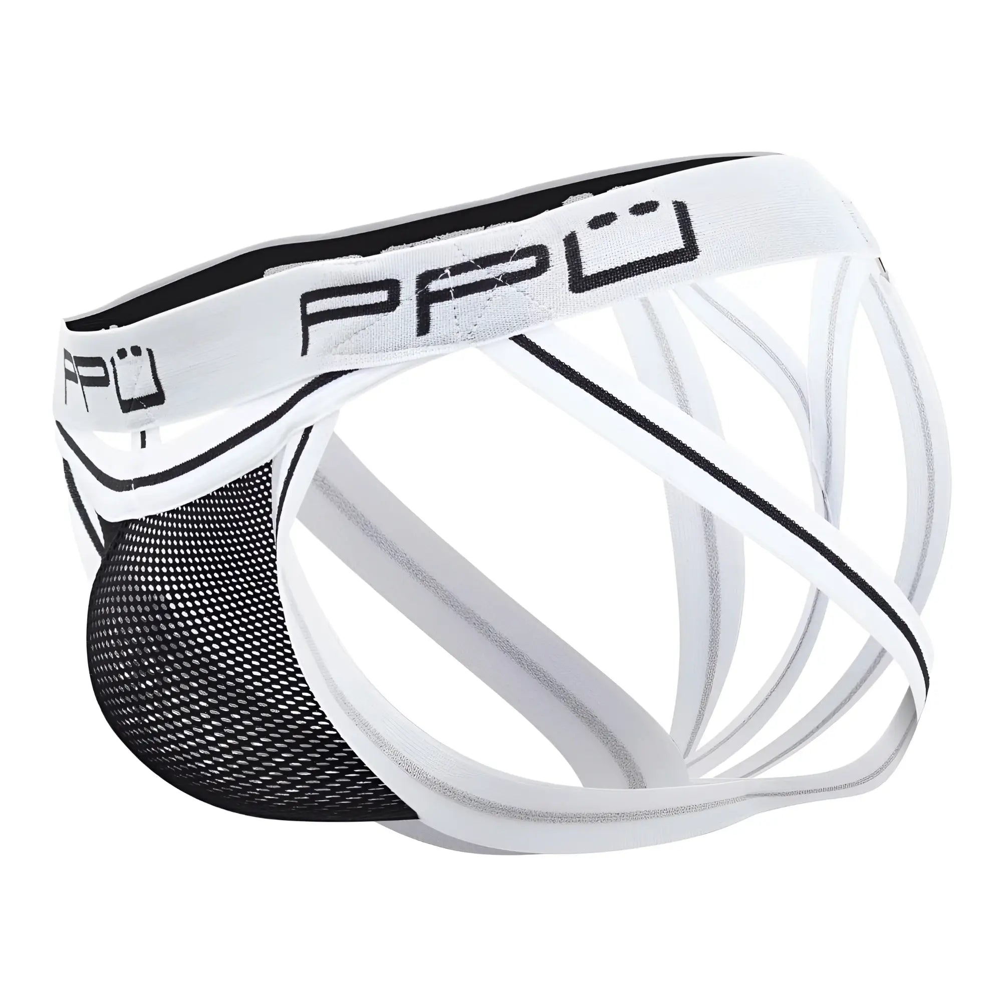 White and black mesh athletic briefs with branded waistband shown from the back in PPU 2305 mesh jockstrap color white