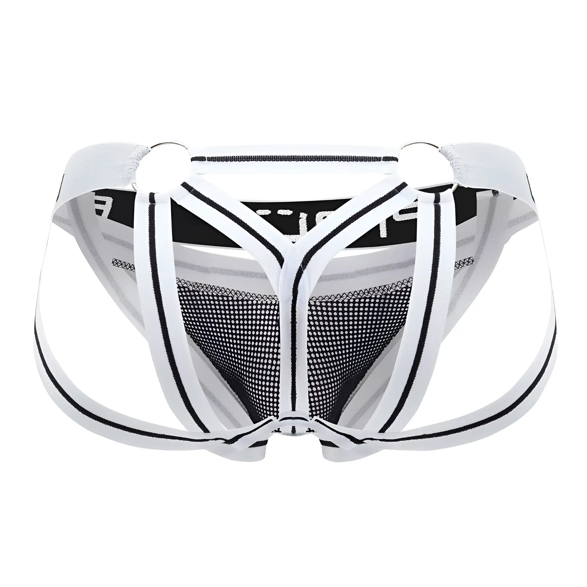 Ppu 2305 mesh jockstrap white with black mesh and strappy design for athletic support front view