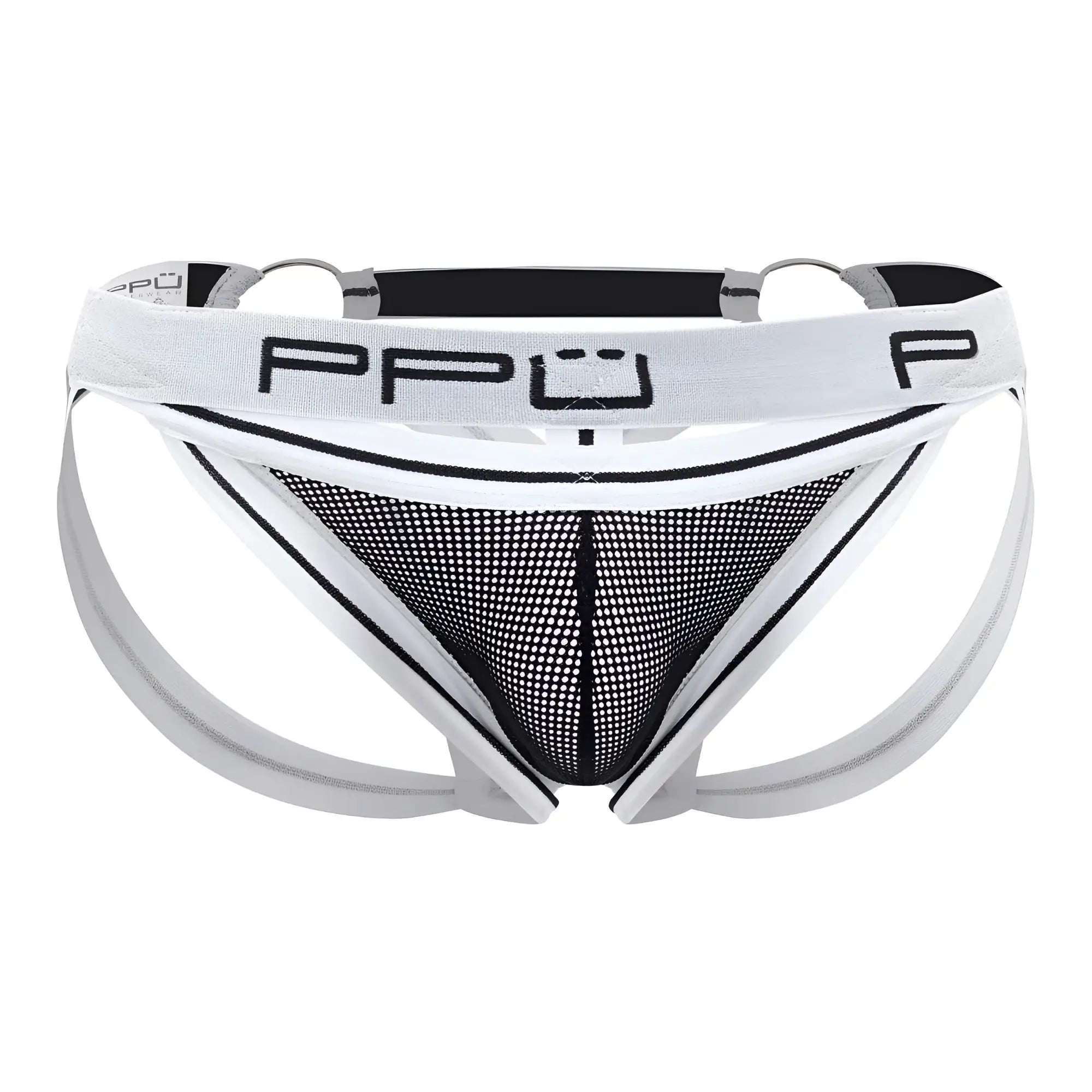 White and black mesh briefs with branded waistband ppu 2305 mesh jockstrap in white for breathable support