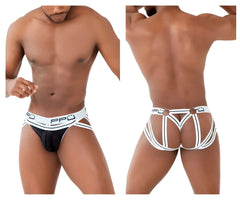 Ppu 2305 mesh jockstrap in white with black and white striped briefs and mesh front panel with branded waistband