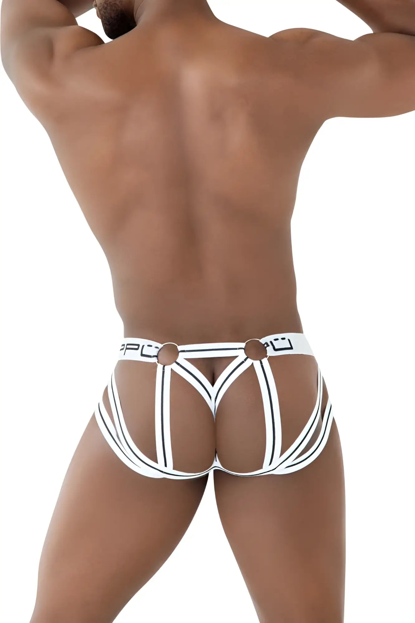 Back side of white and black striped strappy mesh men’s jockstrap with central back panel design ppu 2305
