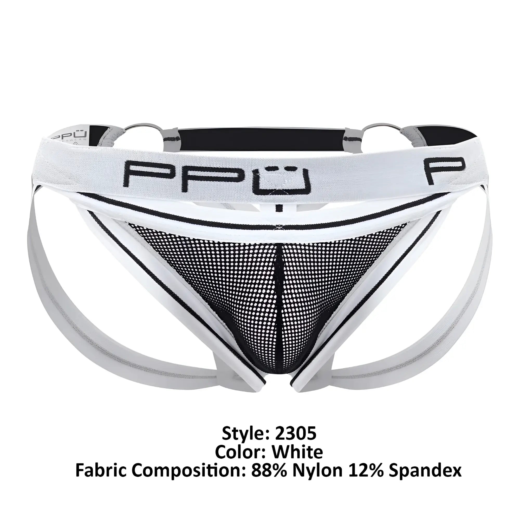 Ppu 2305 mesh jockstrap white white men’s briefs with black mesh panel and white elastic waistband front view