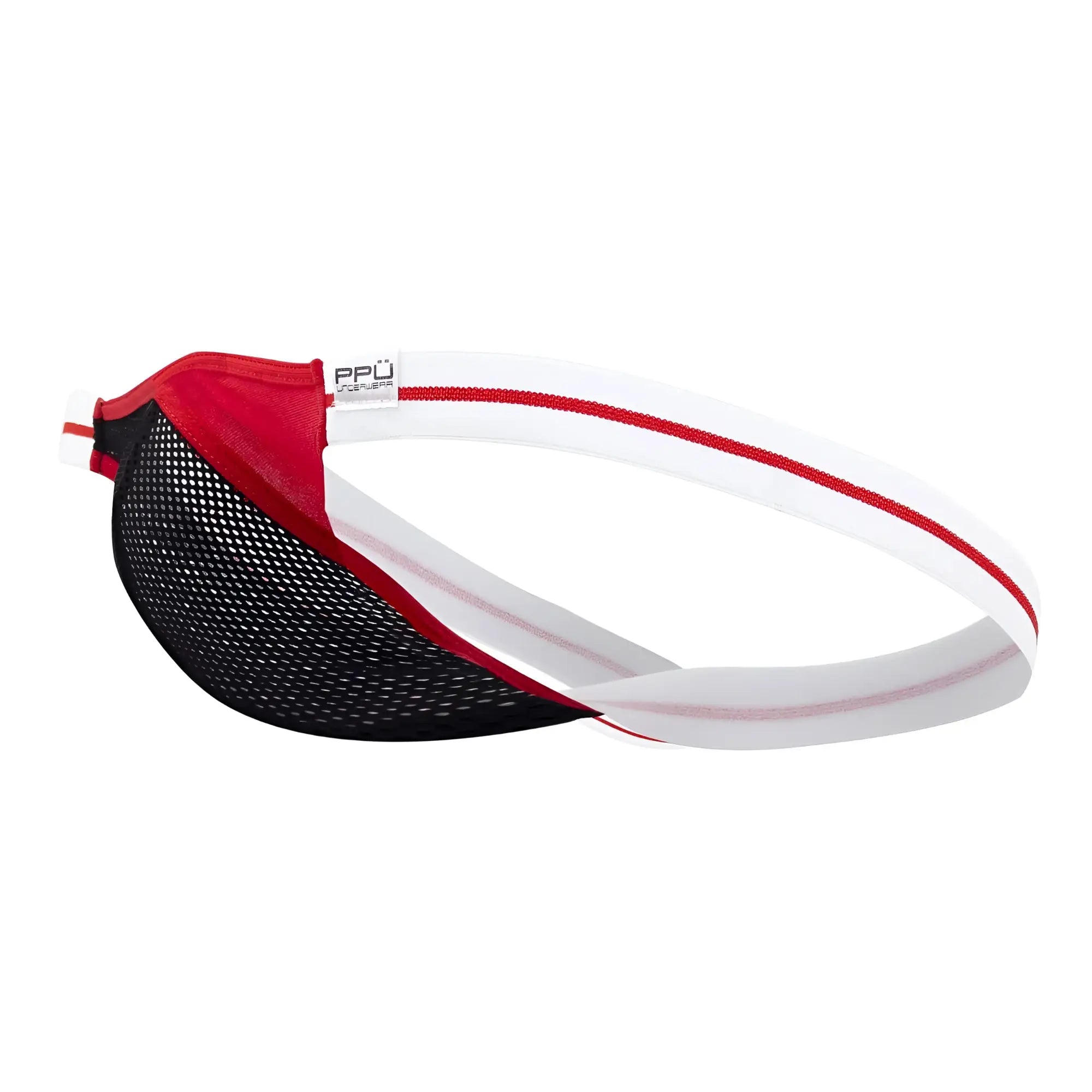 Red mesh athletic headband with black and white elastic band featuring red trim for ppu 2306 thong or jockstrap color red