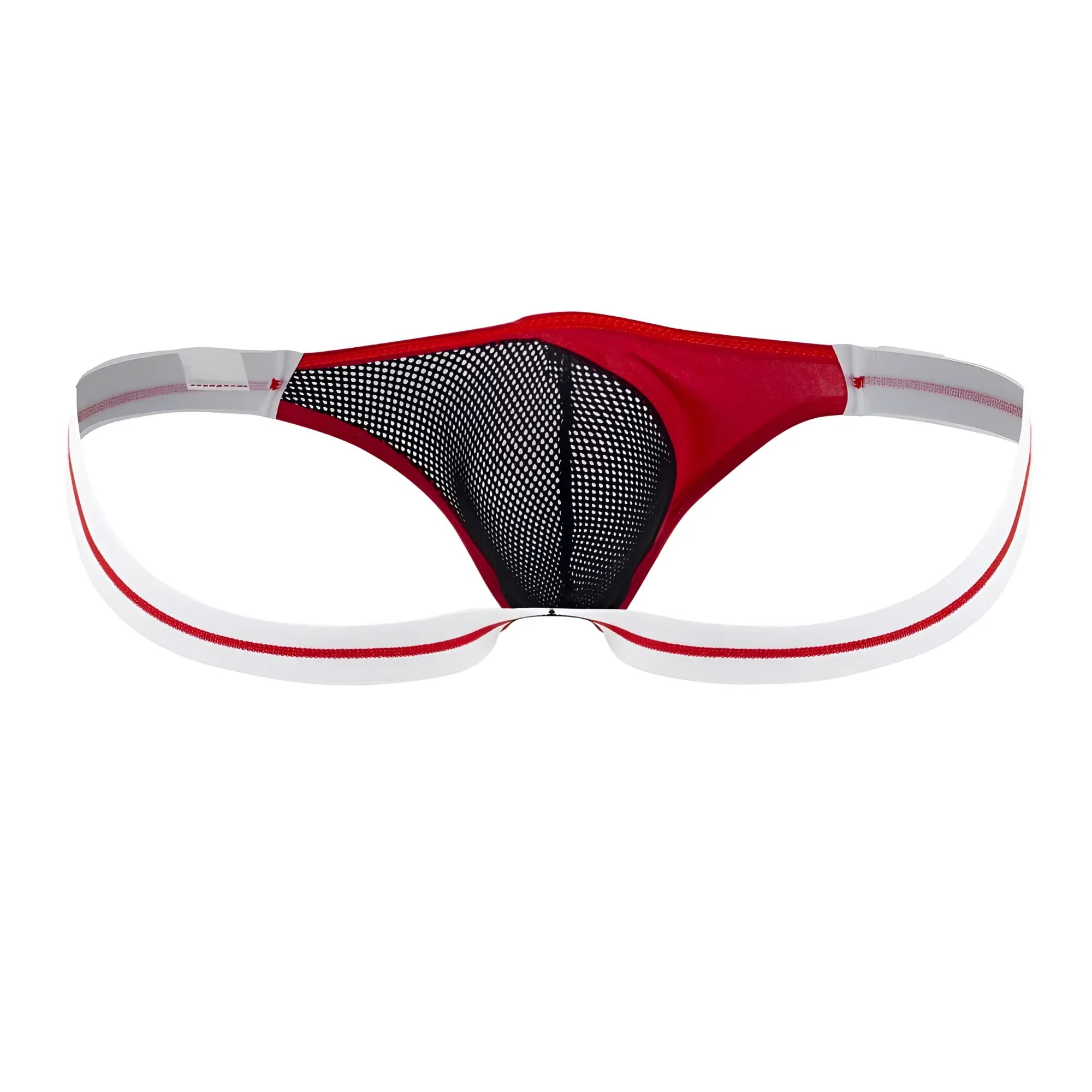 Ppu 2306 thong in red featuring black mesh fabric and a white elastic waistband in a front view