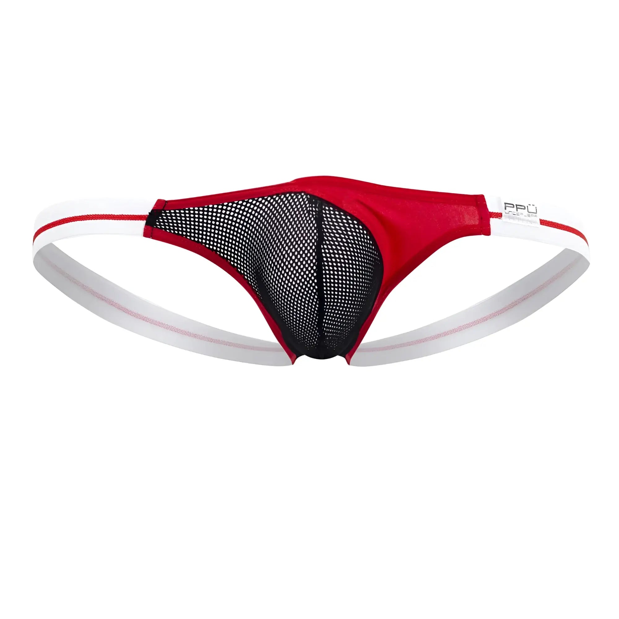 Red and black mesh thong with white elastic waistband and branded label on the side ppu 2306 thong color red