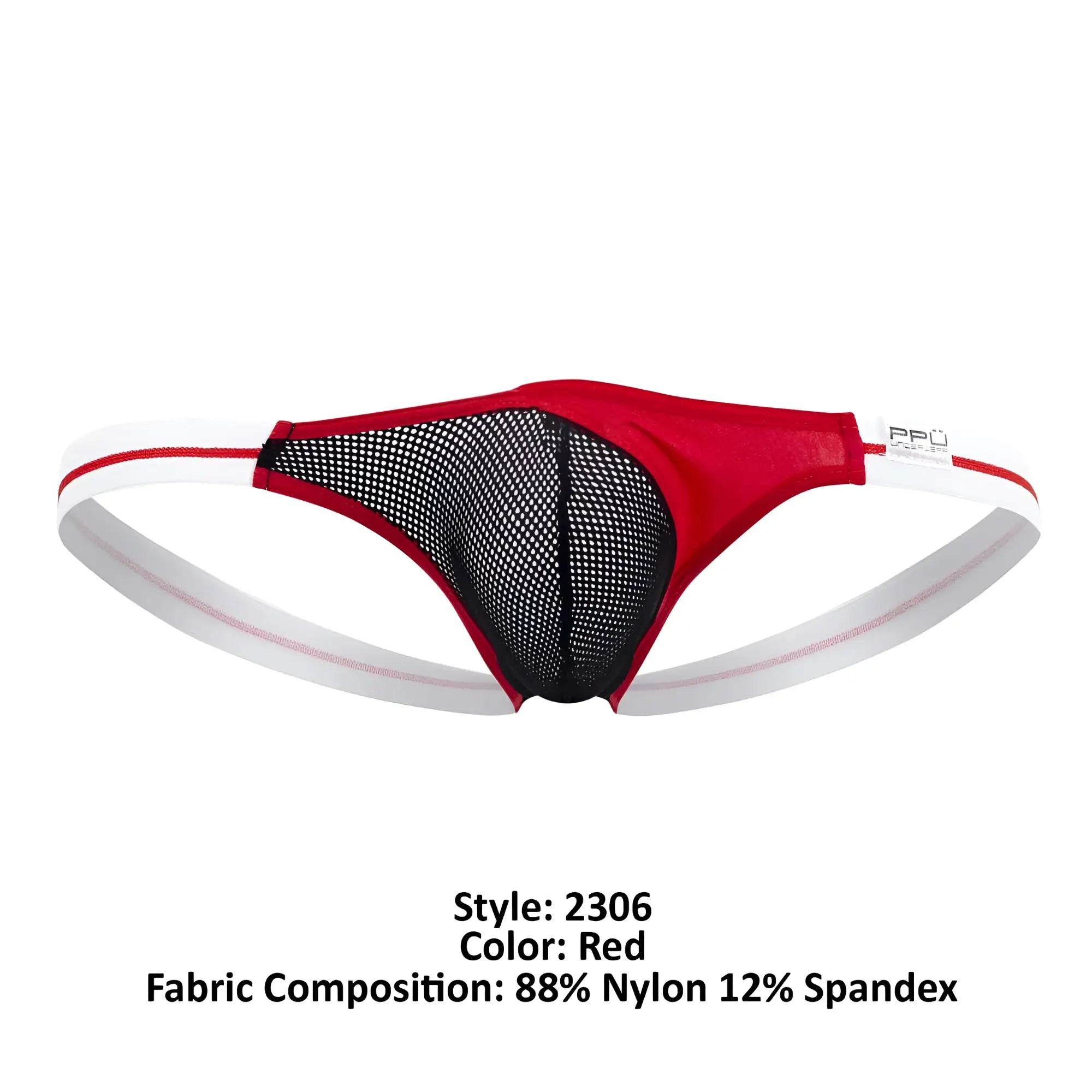 Red and black mesh thong with white elastic waistband and branded label on the side ppu 2306 thong color red
